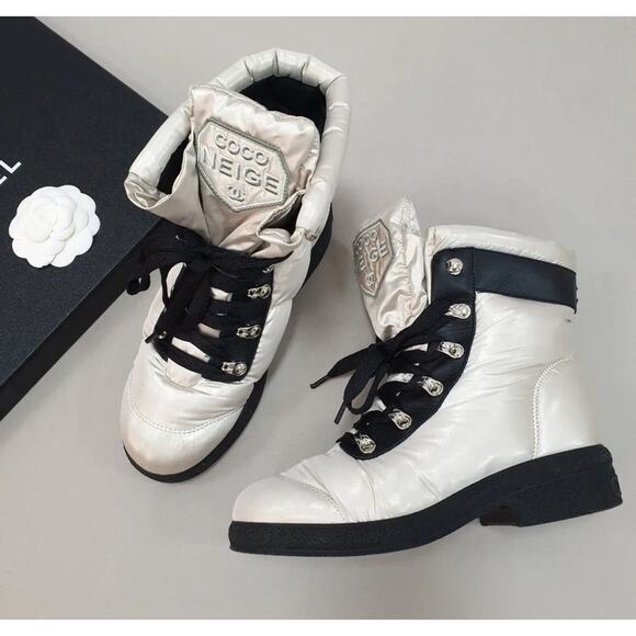 CHANEL 18B Nylon Leather Lace Up Coco Neige Winter Boots Sz.36.5 - Picture 1 of 14